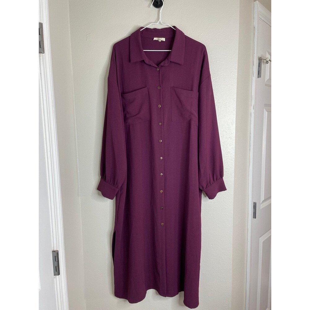 Easel LA Button Front Midi Dress Size Large – Plum Purple, Pockets, Casual Chic
